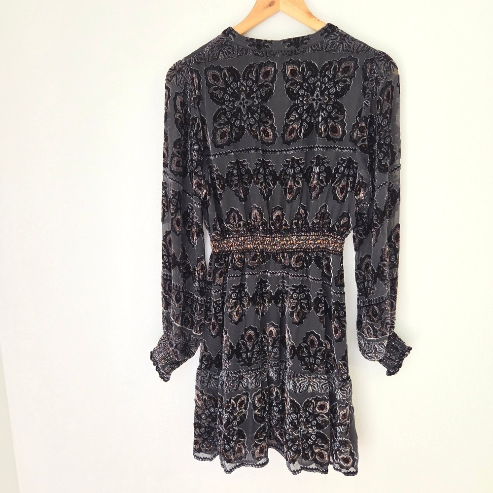 Hale Bob Silk Blend Burnout Velvet Mini Dress Charcoal Gray Copper Damask M - Picture 3 of 12